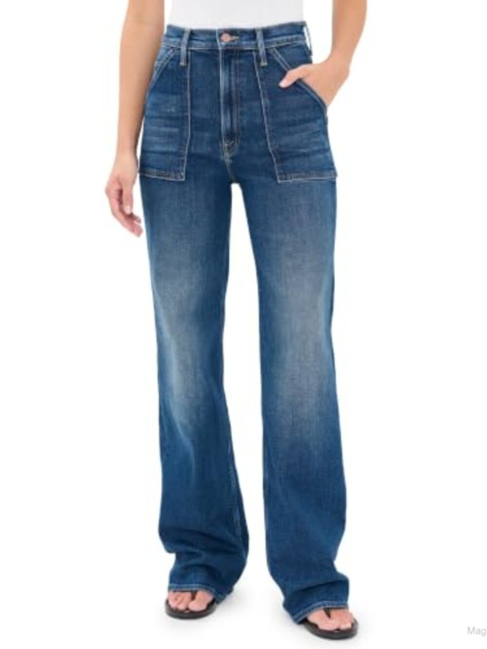 High Rise Wide Leg Sneak Jeans Low Stretch Denim Patch Pocket